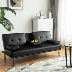 Convertible Folding Leather Futon Sofa with Cup Holders and Armrests product